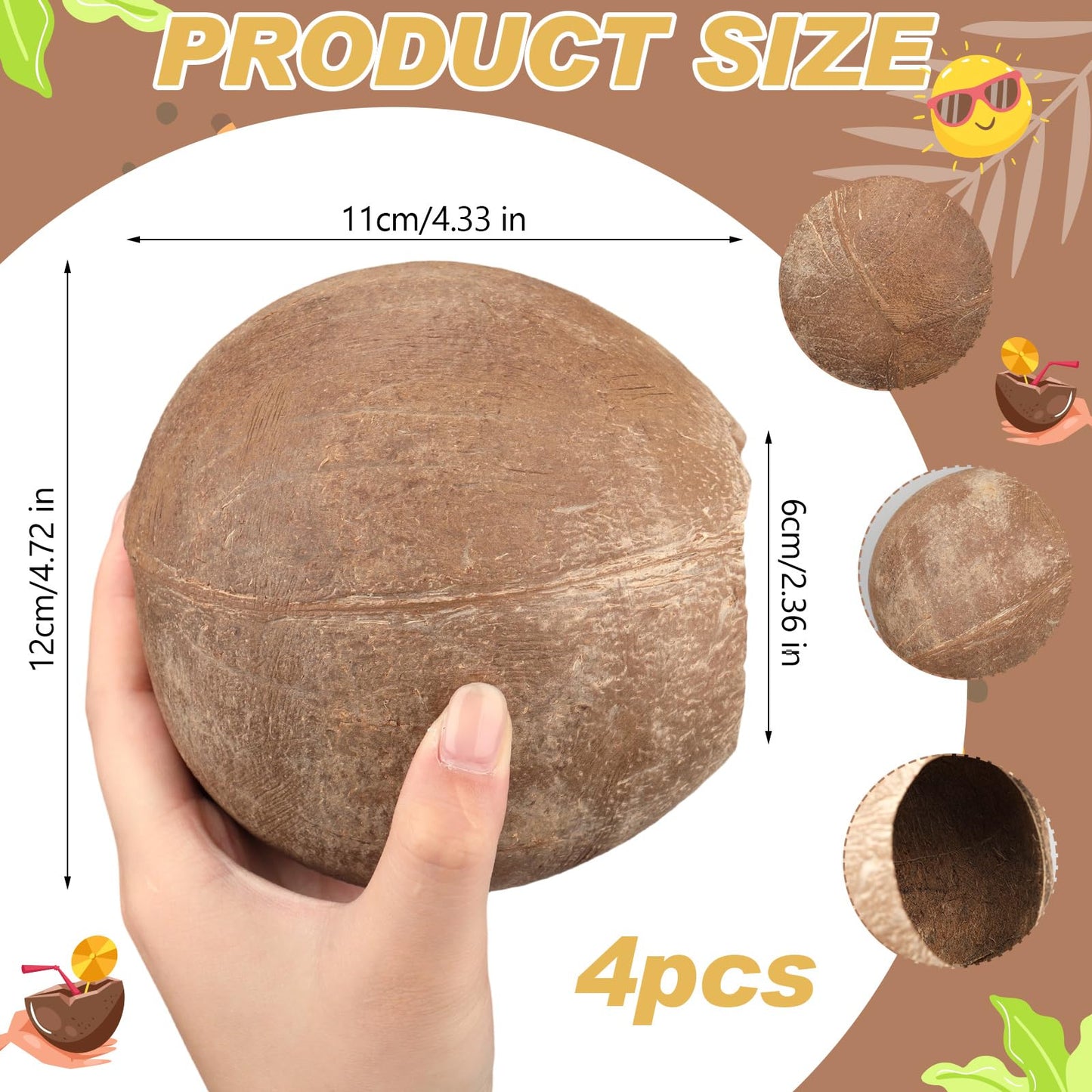 LemonRoad 4 Pcs Natural Coconut Shell Coconut Shell Bowls for DIY Crafts Deep Organic Coconuts Gift for Bird Nest Feeder Desktop Vases Crafts Festive Summer Tropical Luau Party(Without Fiber)