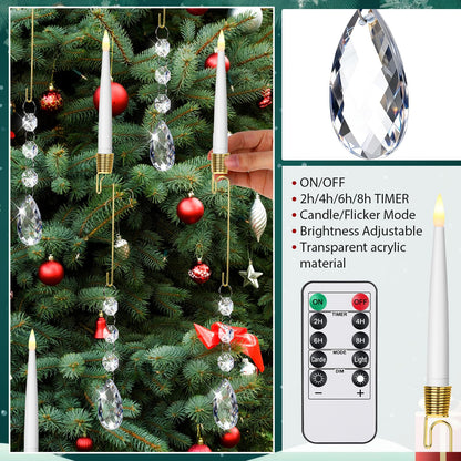 Thyle 12 Pack Christmas Tree Candles with Remote Timer Christmas Tree LED Candles with Crystal Xmas Crystal Drop Pendants Ornaments for Home Xmas Flickering Flameless Party Decor (Clear,Classic)