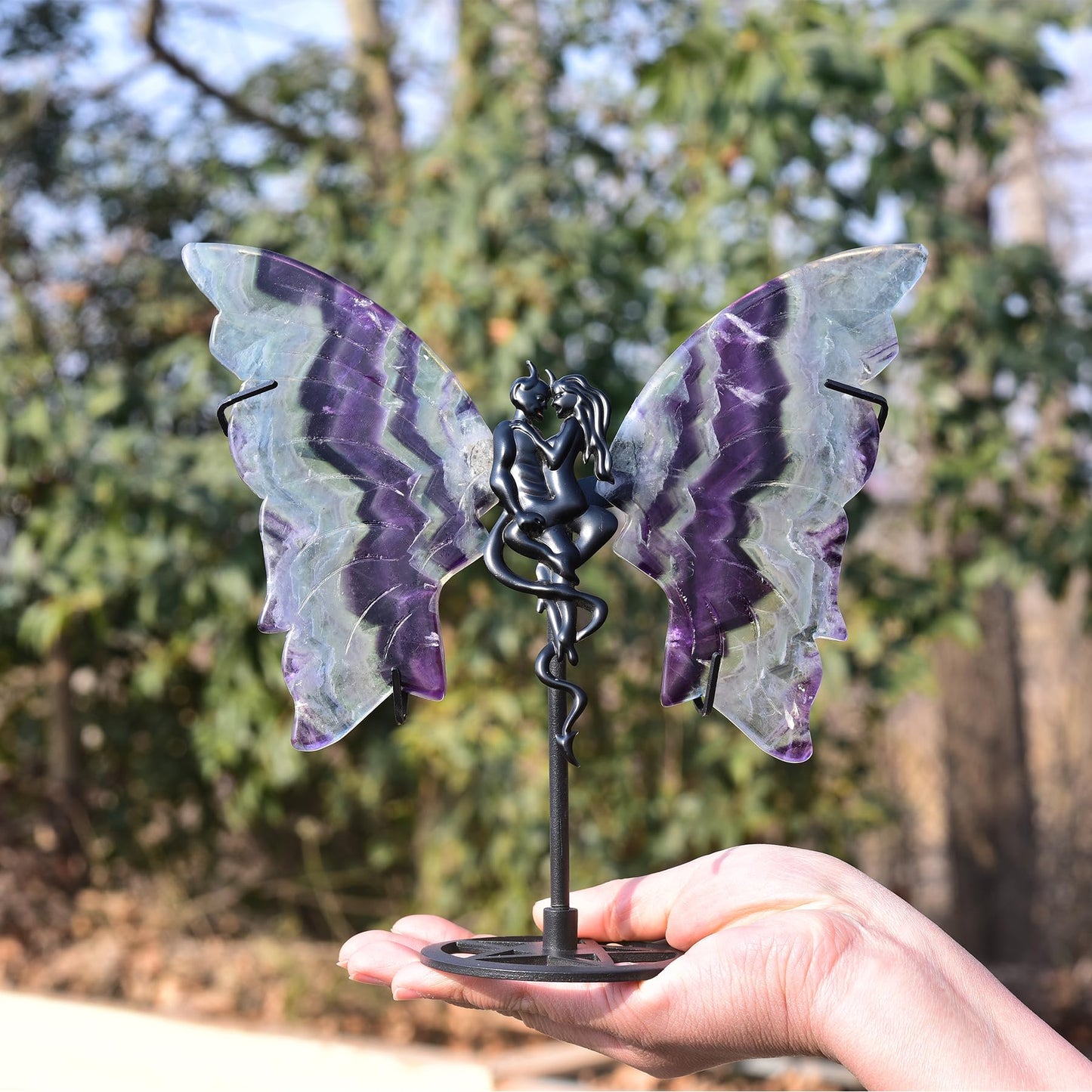 JIC Gem Large Amazing Gemstone Feather Fluorite Crystal Butterfly Art Decorative Healing Crystal Slices Carved Angel Wings with Stand Office Home Decor Reiki Crystal Gifts (1pair, 17-18cm)