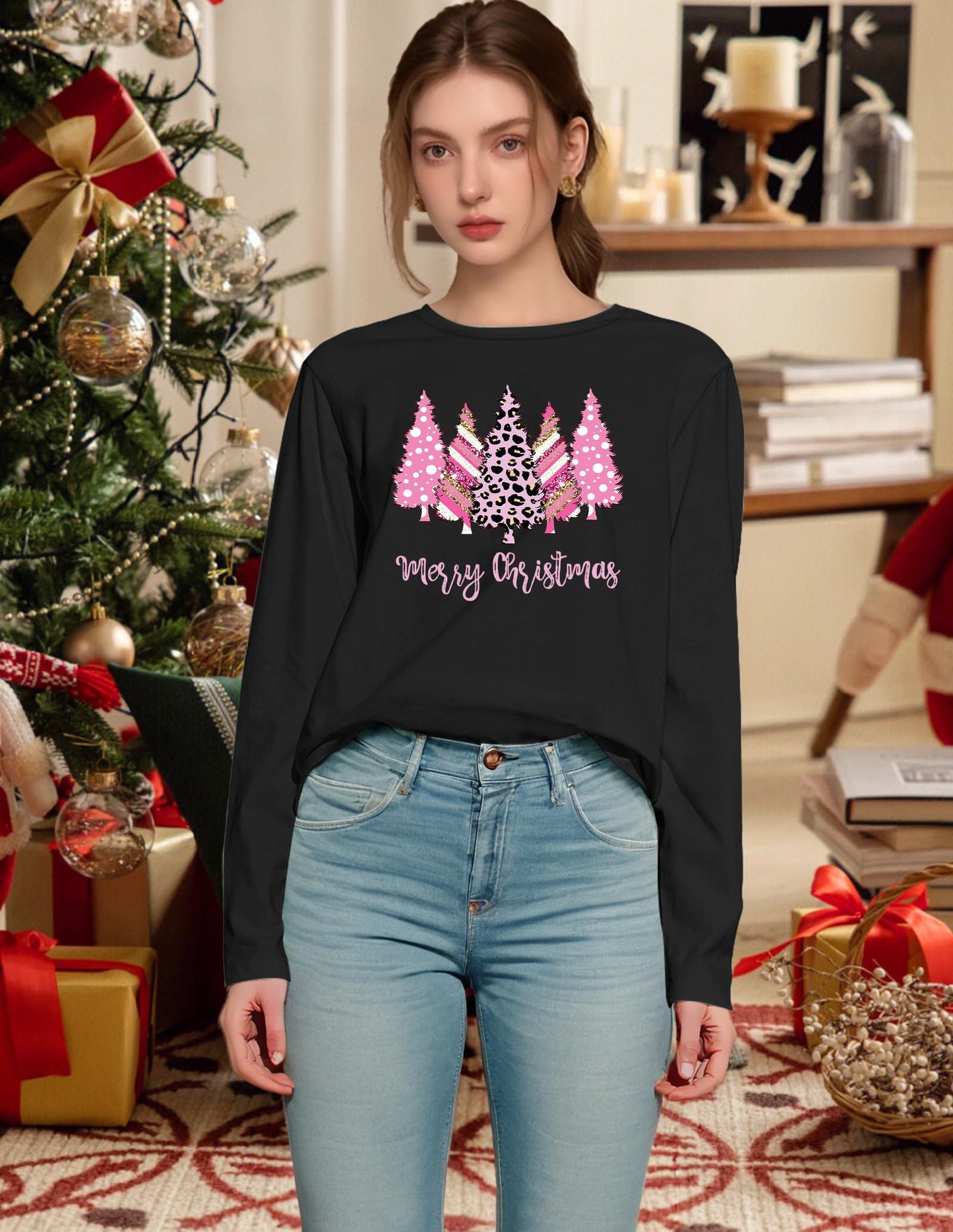 HQP Christmas Shirts for Women: Long Sleeve Christmas Shirts Xmas Tree Graphic Vacation Tees Tops