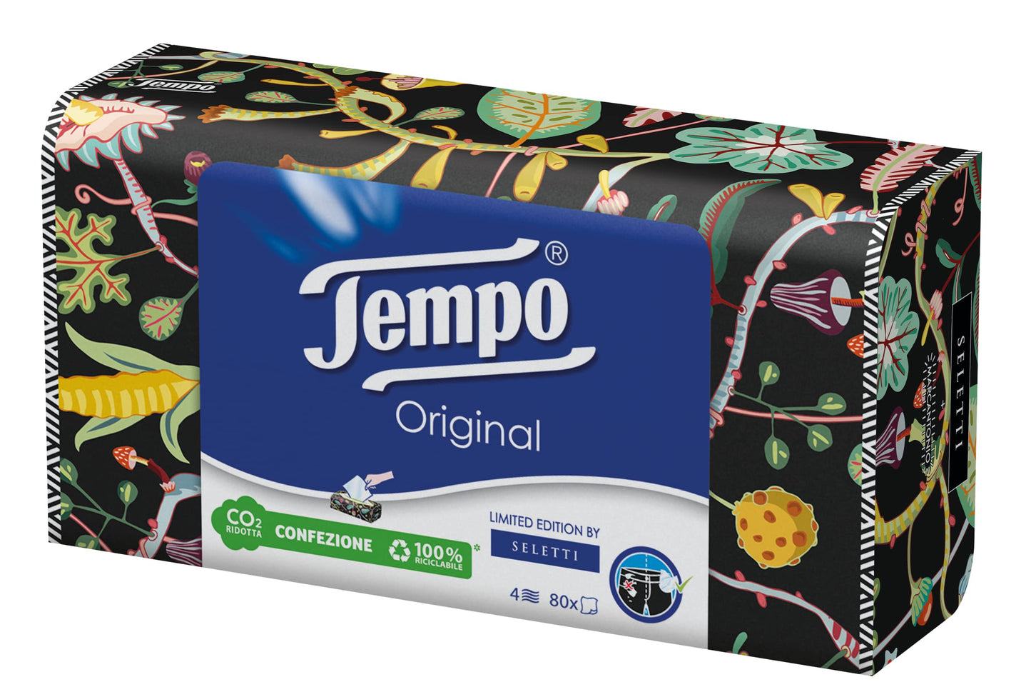 Tempo Paper Tissues Box, 3 Boxes of 80 Disposable Tissues, 4-Ply, Limited Edition Seletti Box, 4 Assorted Graphics, Recyclable Pack of Natural Origin