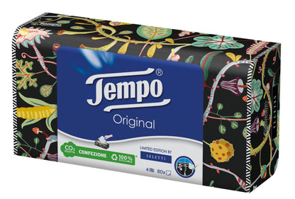 Tempo Paper Tissues Box, 3 Boxes of 80 Disposable Tissues, 4-Ply, Limited Edition Seletti Box, 4 Assorted Graphics, Recyclable Pack of Natural Origin