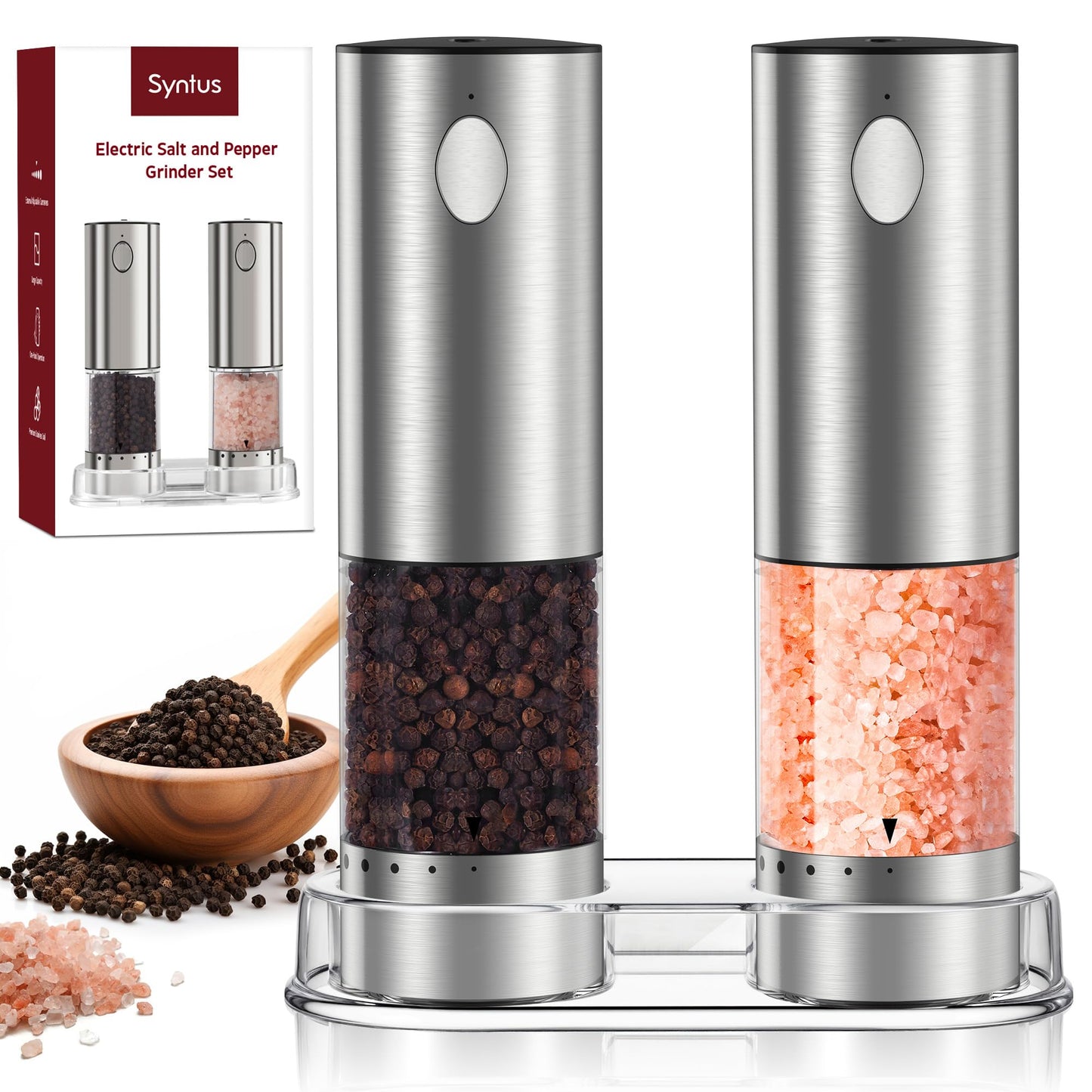 Syntus Electric Salt and Pepper Grinder Set USB-C Rechargeable, Stainless Steel Automatic Salt and Pepper Shakers with 6 Adjustable Coarseness High/Low Grinding Speed 95ML Large Capacity & LED Light