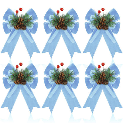 Syhood 6 Pcs Christmas Velvet Bow with Pine Cones Pine Needles Berries Xmas Bright Blue Ribbon Bow Ornaments 6.3 x 5.1 Inch for Christmas Tree Wreath Garden Fireplace Crafts DIY Decor