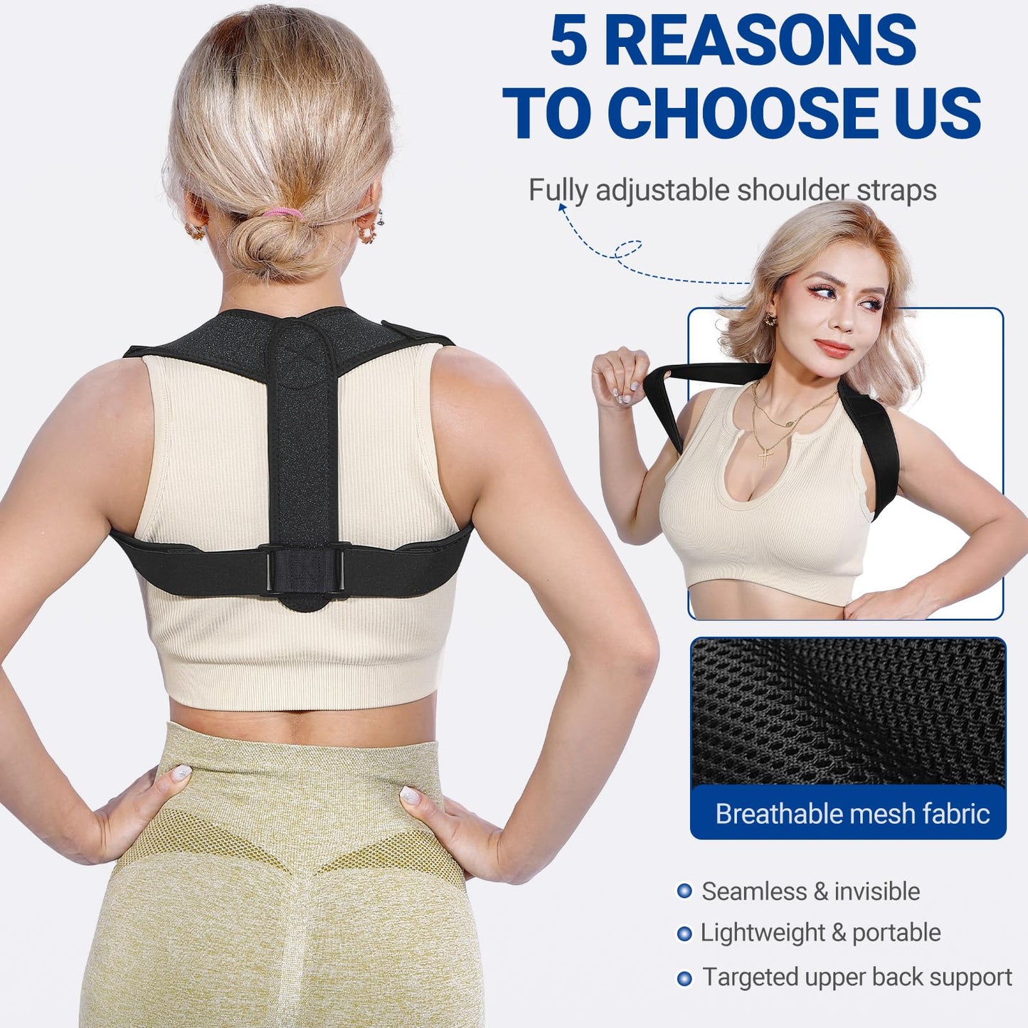 Posture Corrector for Women and Men, Adjustable Upper Back Brace, Spine Support Straightener, Neck, Shoulder, Back and Lumbar Pain Relief, Comfortable & Breathable