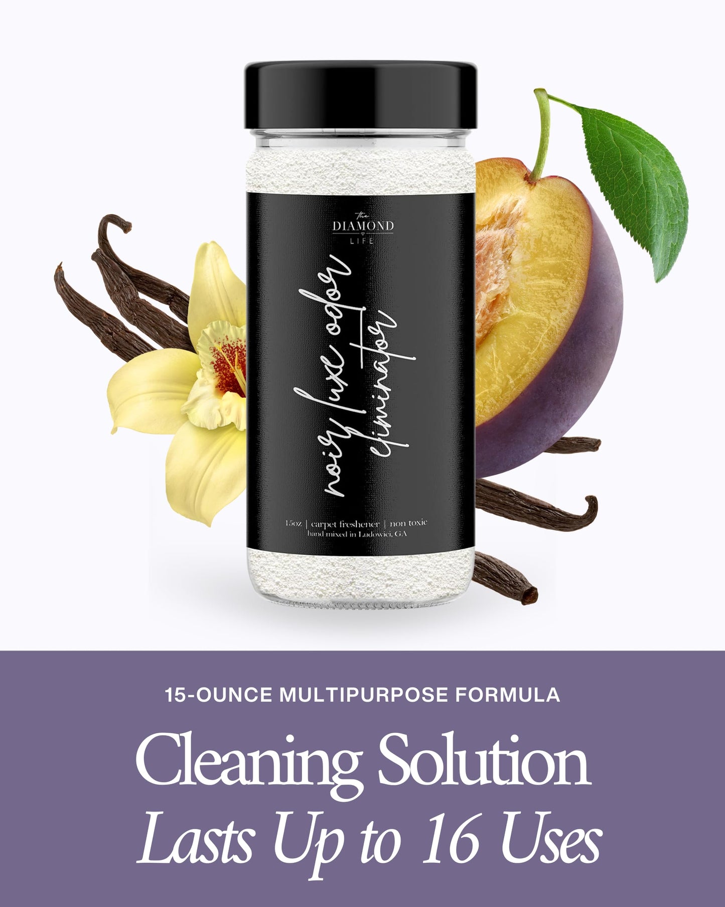 The Diamond Life Home "Noir Luxe" Eco-Friendly Carpet Powder/Upholstery Deodorizer – Black Plum, Sea Salt, and Ozone – Eliminates Odors Naturally, Cat Litter/Dog Bed Pet-Friendly, 15 oz