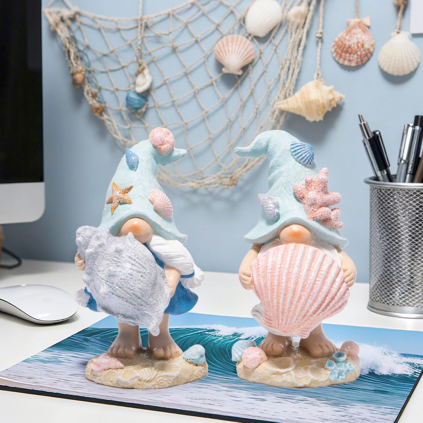 Hodao Ocean Elf Figurines with Seashell & Conch – Coastal Nautical Beach Elf Decor for Coastal Living Room, Ocean Themed Home Tabletop Decoration, Gift for Retirees (Blue-Grey)