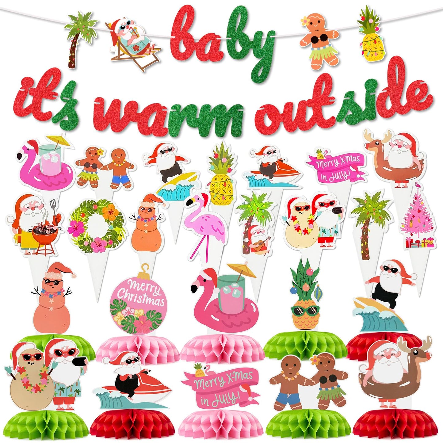 Christmas In July Party Decorations Set, Ultimate Xmas In July Party Decorations Kit, Tropical Beach Hawaiian Luau Banner, Honeycomb Table Centerpieces, Cupcake Toppers, Decor for Pool Parties & BBQ
