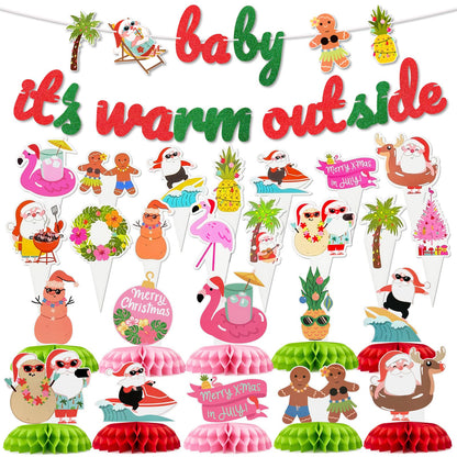 Christmas In July Party Decorations Set, Ultimate Xmas In July Party Decorations Kit, Tropical Beach Hawaiian Luau Banner, Honeycomb Table Centerpieces, Cupcake Toppers, Decor for Pool Parties & BBQ