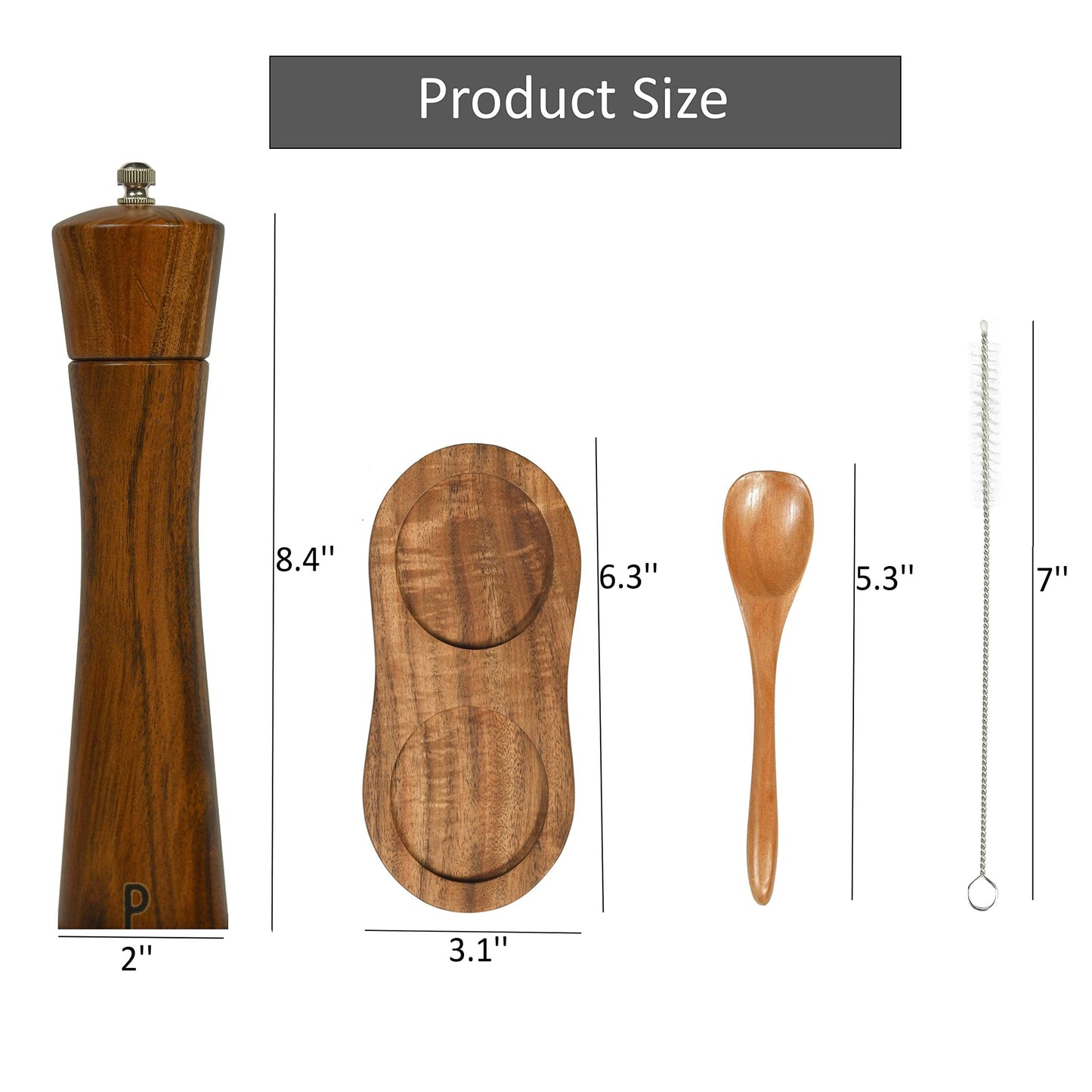 Finnhomy Salt and Pepper Grinder Set, Acacia Wood Adjustable Coarseness Pepper Mill with Wooden Stand, Cleaning Brush & Spoon, Pepper Grinder Refillable, 2 Pack Salt and Pepper Shakers, 8.5 Inches