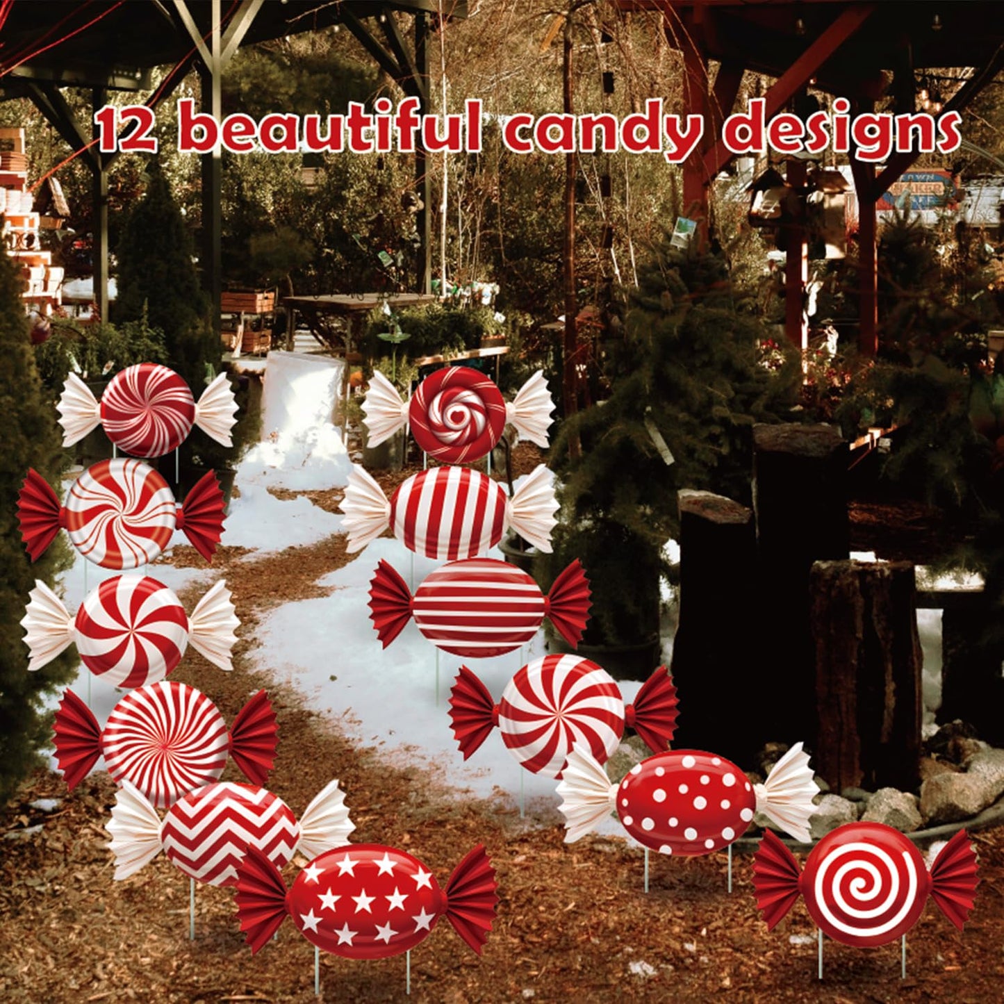 B‌oGlowHaven 12ct Candy Christmas outdoor Decorations‌ Birthday Decorations Waterproof Corrugated Cardboard Yard Signs with 24 Plastic Stakes 17 inch Holiday Pathway Decor for Garden Walkway and Party
