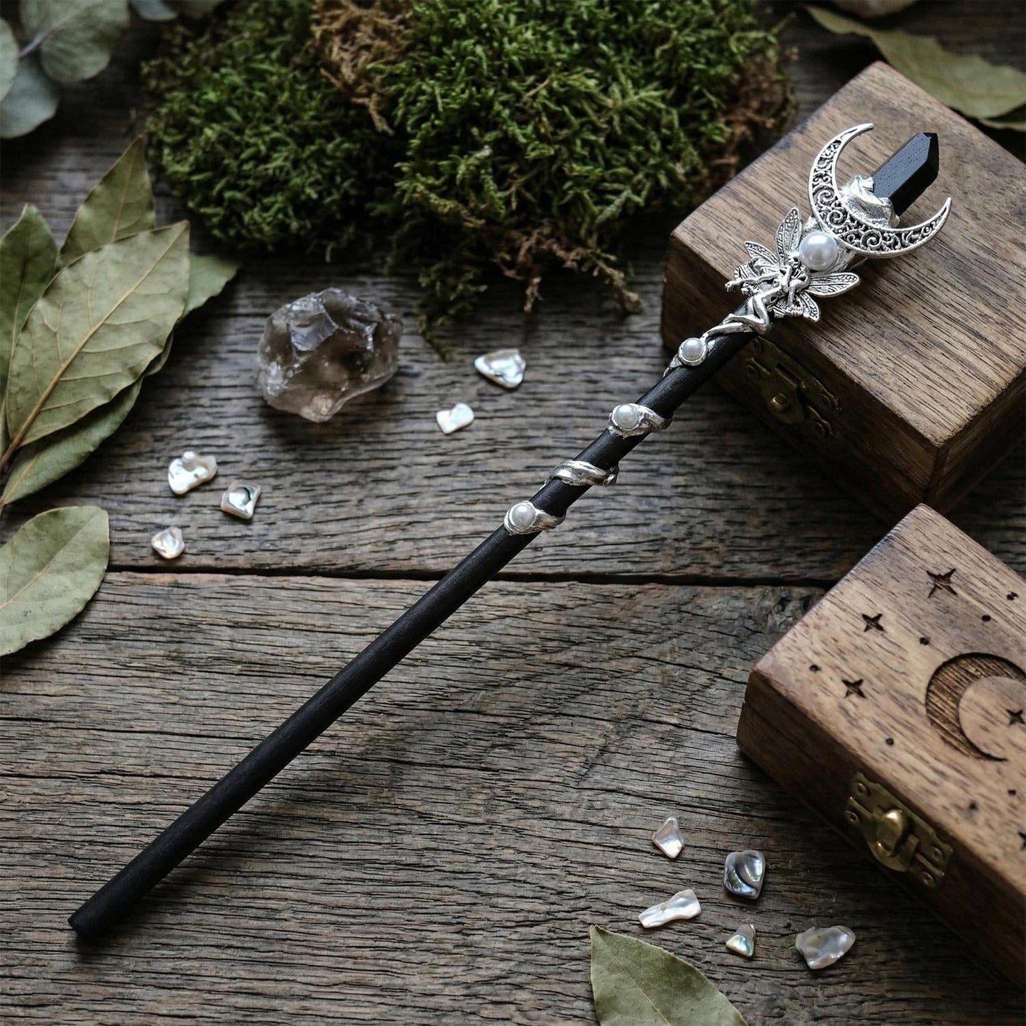 Bubbmi Black Crystal Magic Wand, Gemstone Moon Wizard Party Cosplay Accessories Sorcerer Collection Witchcraft Props with Gift Box(black4)