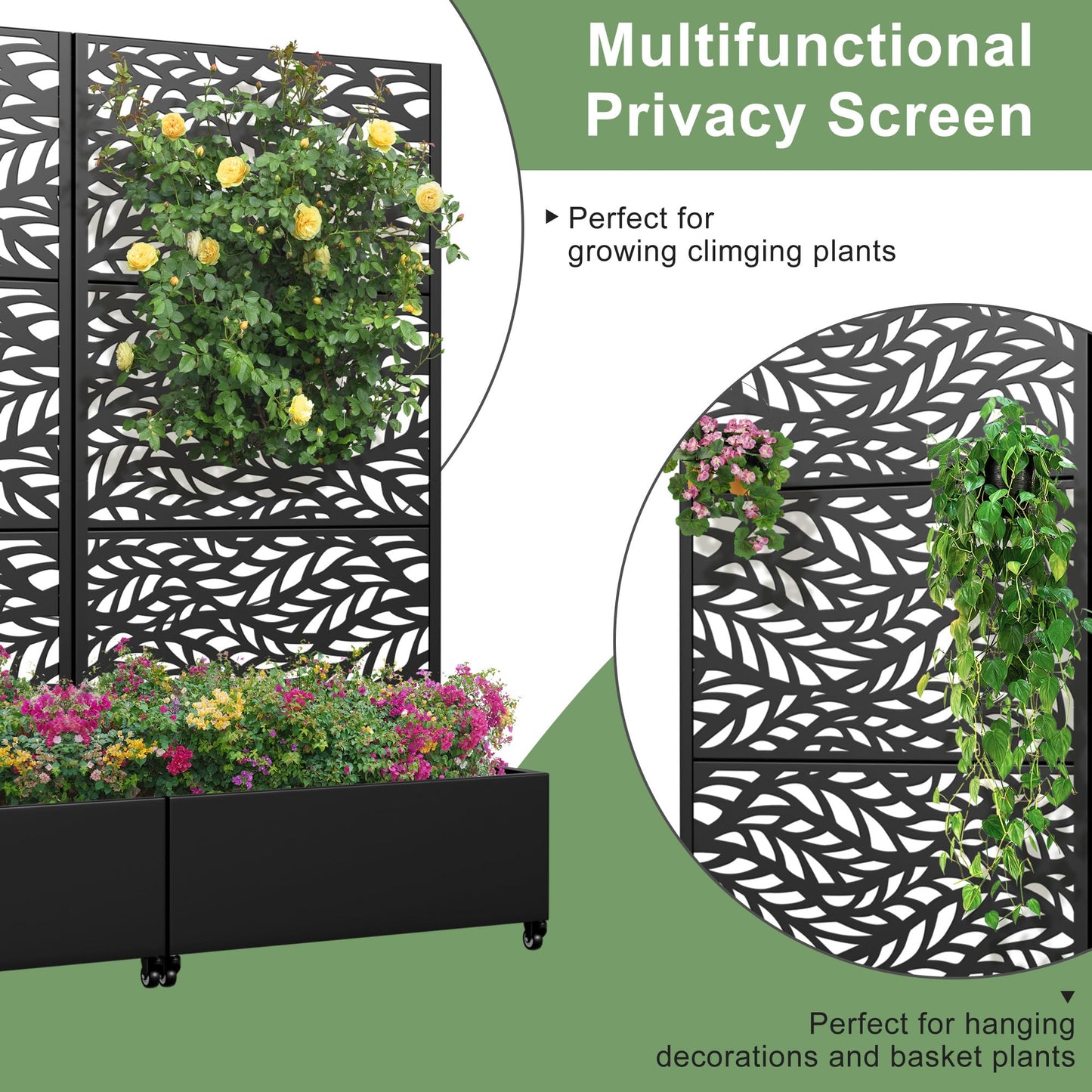 Casaphoria Metal Raised Garden Bed with Trellis and Wheels, 72"x35"x16" Planter Box for Climbing Plants, Vegetables & Vines, Features Drainage Holes and Privacy Screen (Black-Spring)