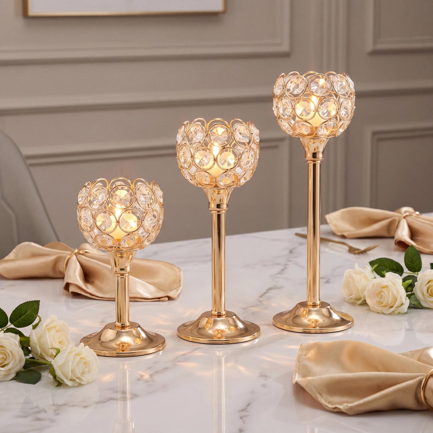 Gold Crystal Tealight Candle Holder Set of 9, Elegant Gold Candles Table Centerpieces, Tall Bling Bowl Candelabra Decor for Wedding, Dining Table, Fireplace Mantel & Party Decoration