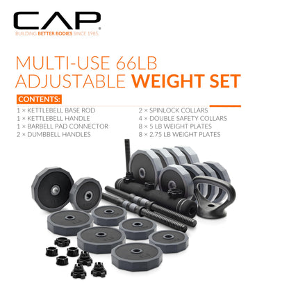 CAP Adjustable Weight Set, Multi-Use Adjustable Dumbbell Set for Home Gym Strength Training, Quick Change Free Weights System, Compact Workout Equipment, 66 LB Weight Set