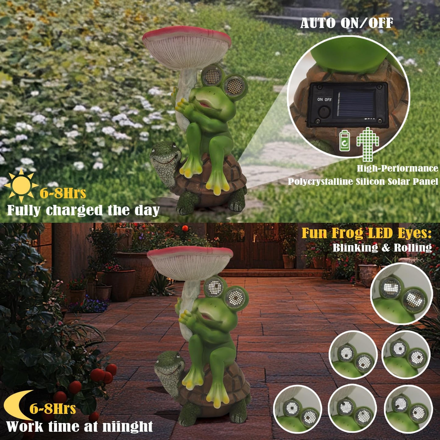 Funny Solar Garden Statues 10'' Frog Turtle with Mushroom Bird Feeder and Eyes LED Lights - Lawn Decor Outdoor Statues for Patio Balcony Yard Ornament - Unique Gardening Gifts for Women Grandma Mom.
