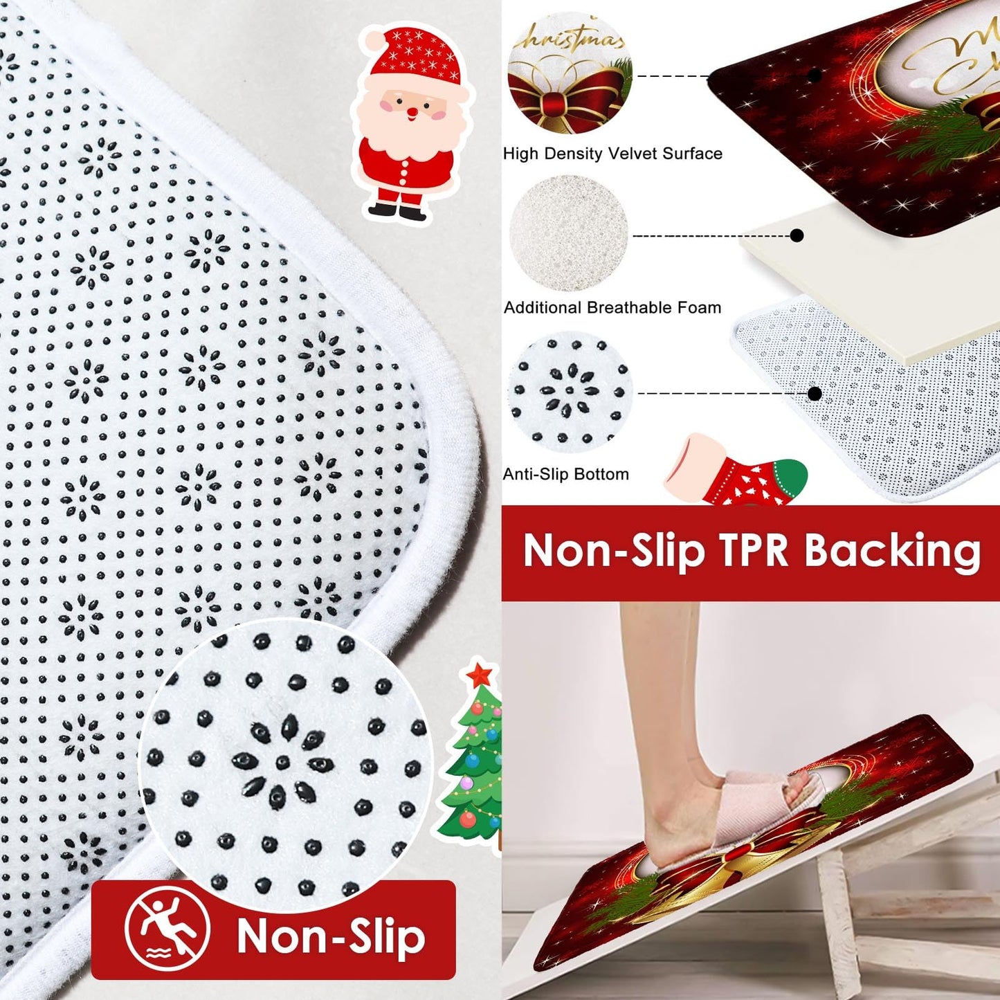 ArtSocket 4 Pcs Shower Curtain Set Christmas Bells Bow Snowflakes Red with Non-Slip Rugs Toilet Lid Cover and Bath Mat Bathroom Decor Set 72" x 72"