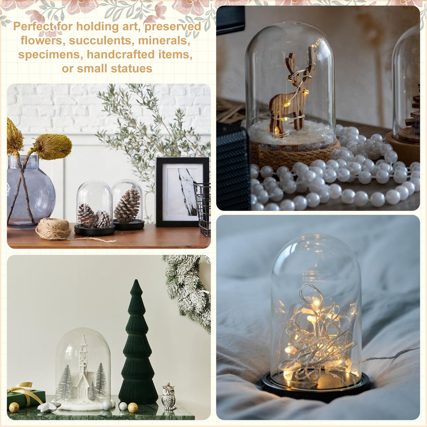 uxcell 4Pcs Glass Display Dome, 1.4" x 1.7" Clear Cloche Glass Dome Decorative Bell Jar with Wooden Base for Collectibles Display Candle Tabletop Centerpiece Plants Wedding, Black