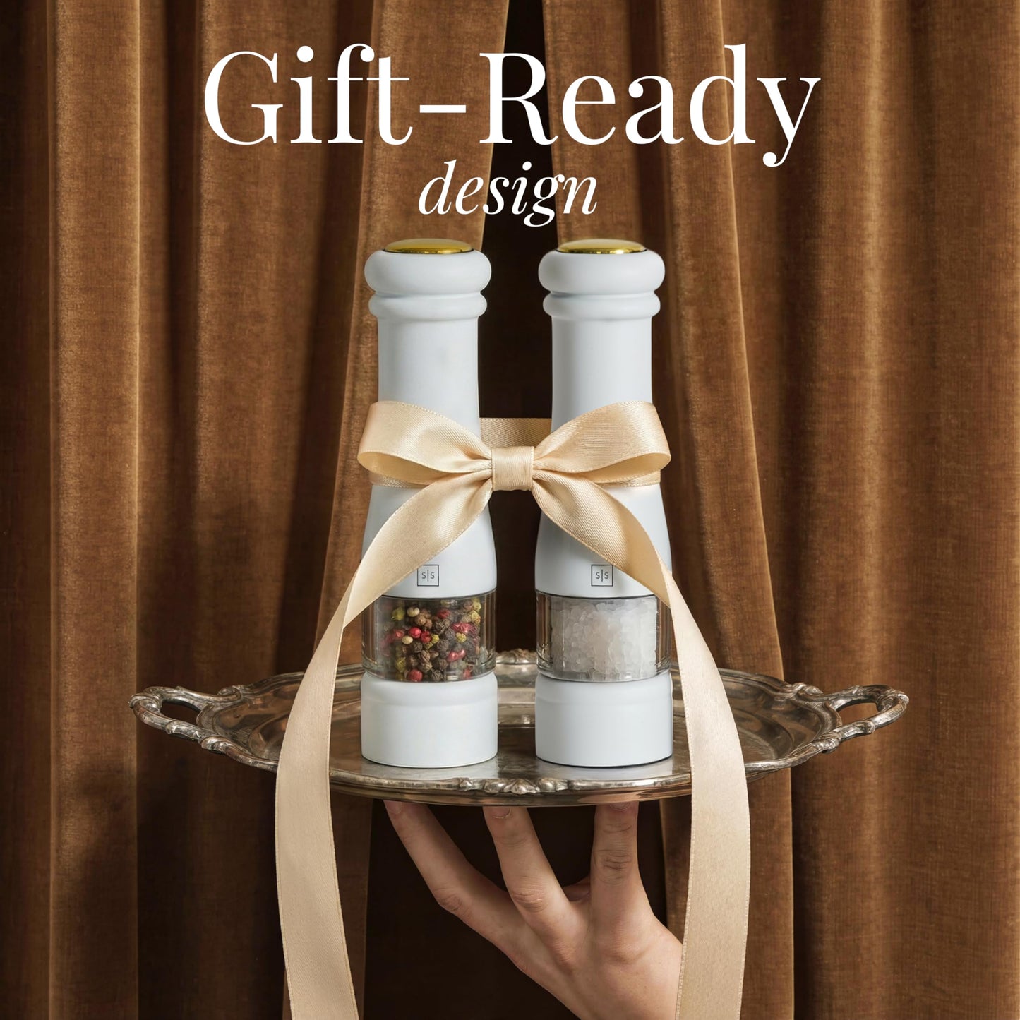 Electric Salt and Pepper Grinder Set - Styled Settings White Electric Salt and Pepper Shakers, Automatic Stainless Steel Set with LED Light, Battery Operated, Adjustable Coarseness, Wood Base