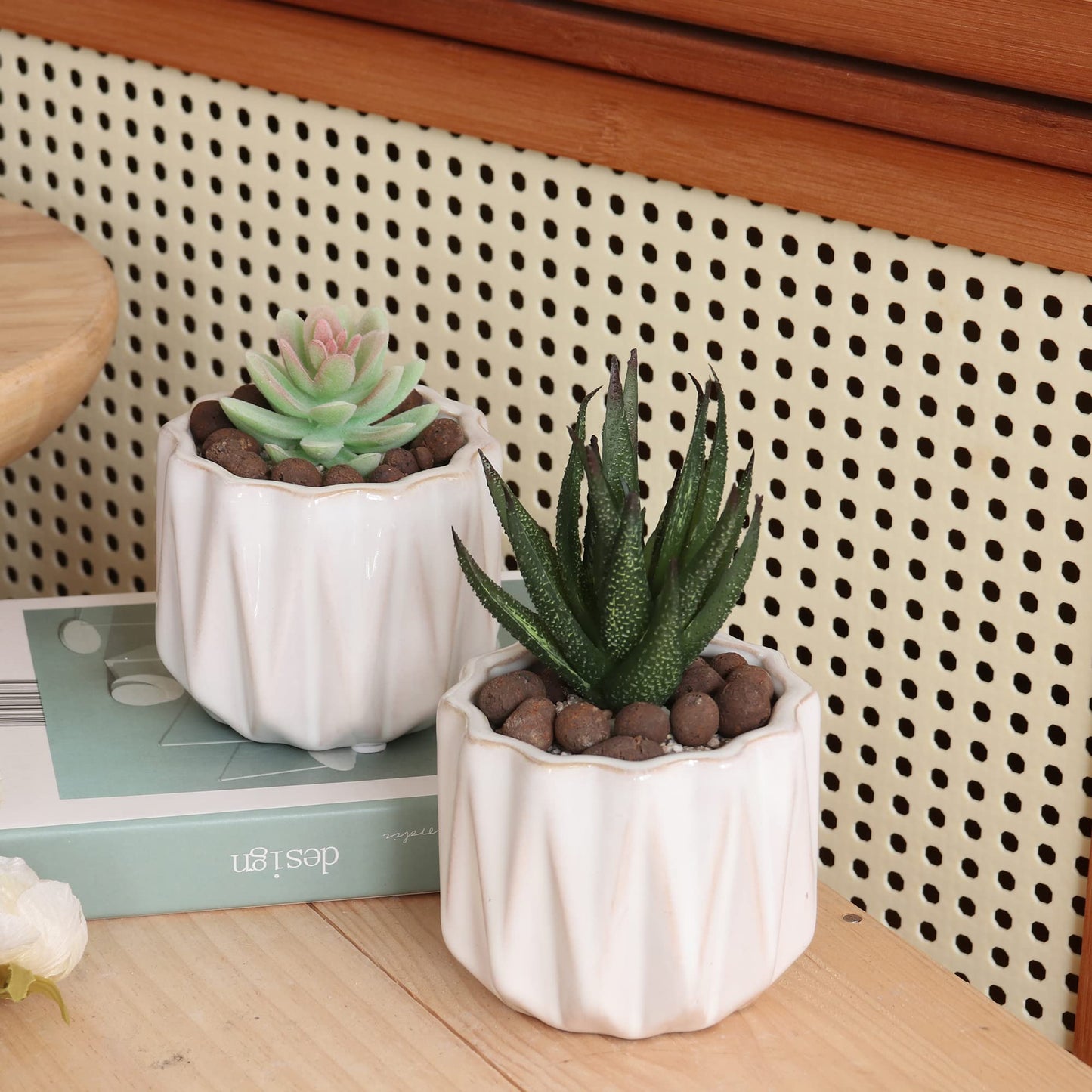Padolitlay Plant Pot 4 Inch Ceramic Pots, Set of 2 Flower Pots Crackle Glaze Small Planters Pots with Drainage Hole and Mesh Pads for Indoor Outdoor Garden Pots Succulent, Cactus, Herbs (White)