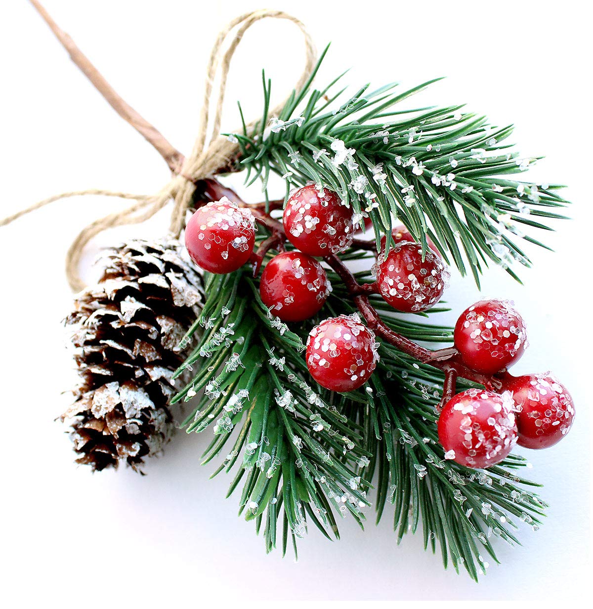 Red Berry Stems Pine Branches Evergreen Christmas Berries Décor 8 PCS Artificial Pine Cones Branch Craft Wreath Pick & Winter Holiday Floral Picks Holly Stem for Decoration DIY Xmas Garland Crafts