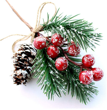 Red Berry Stems Pine Branches Evergreen Christmas Berries Décor 8 PCS Artificial Pine Cones Branch Craft Wreath Pick & Winter Holiday Floral Picks Holly Stem for Decoration DIY Xmas Garland Crafts
