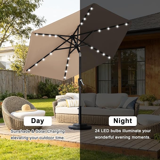 ABCCANOPY Durable Solar Led Patio Umbrellas with 24LED Lights 7.5FT with 6 Sturdy Ribs (Tan)