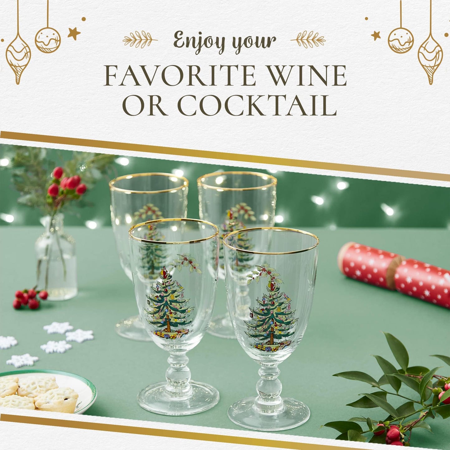 Spode Christmas Tree Gold 16oz Pedestal Goblets (Set of 4) - Gold Rimmed Glasses, Festive Holiday Drinkware for Christmas Dinner, Wedding Gifts - Holiday Glassware for Wine, Cocktails & Martinis