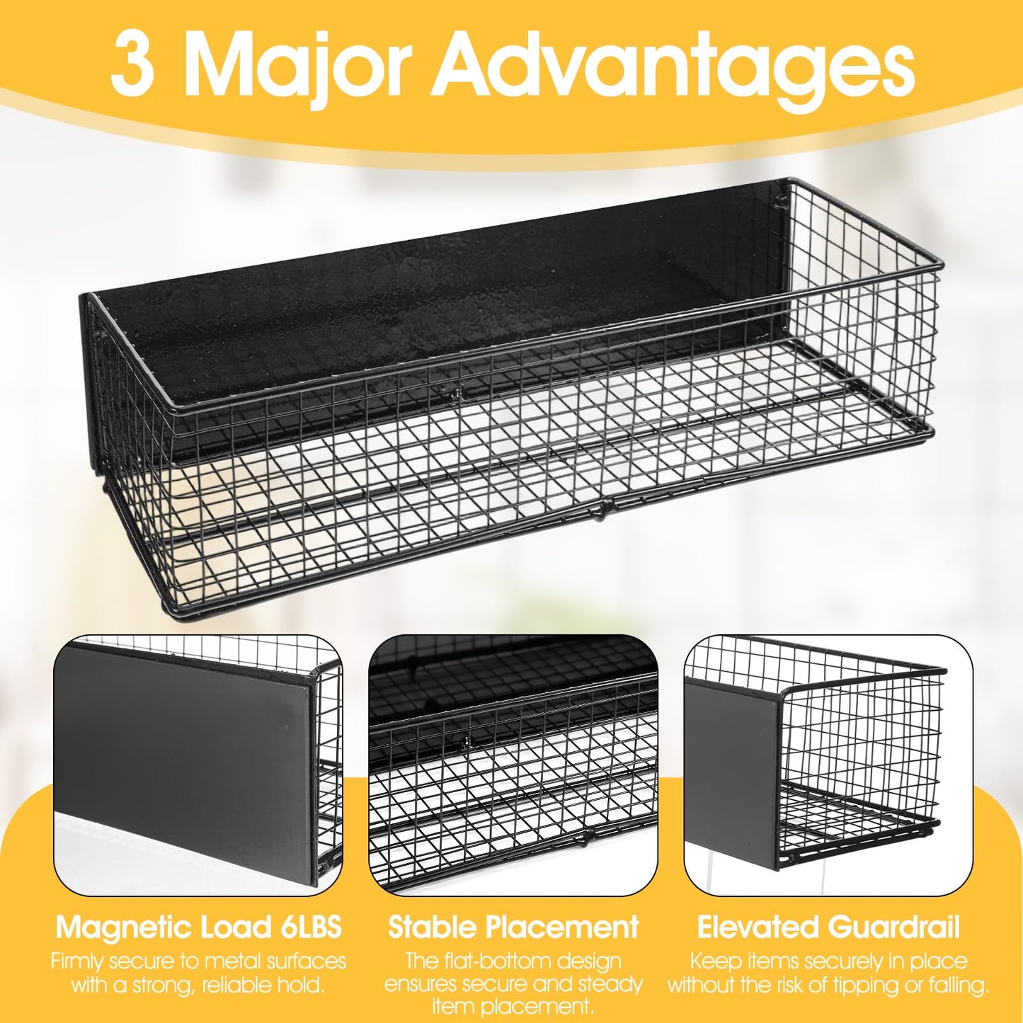 kuyeyzu 2 Pack Magnetic Basket Organizer Holder for Fridge Magnetic Shelf Spice Rack for Whiteboard, Garage, Kitchen, Workshop Black