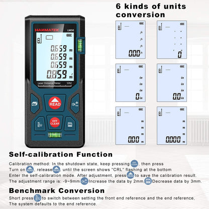 165ft/50m Laser Measure Ft/in/M Switching LM50 Laser Measurement Tool Devices with 2 Bubble Levels Distance Meter,Large Backlit LCD