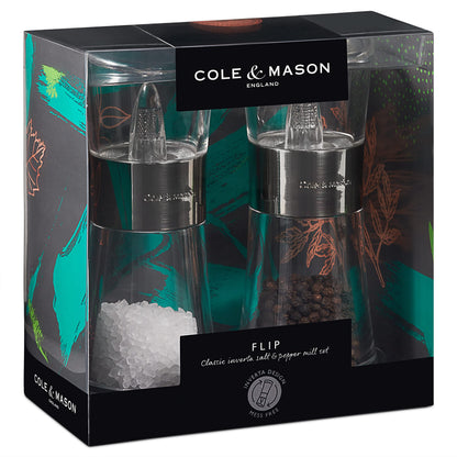 Cole & Mason Flip 180 Chrome Salt and Pepper Mill Set, Adjustable Coarseness, Ceramic Mechanism, Acrylic, 154 mm, Filled Salt and Pepper Grinders