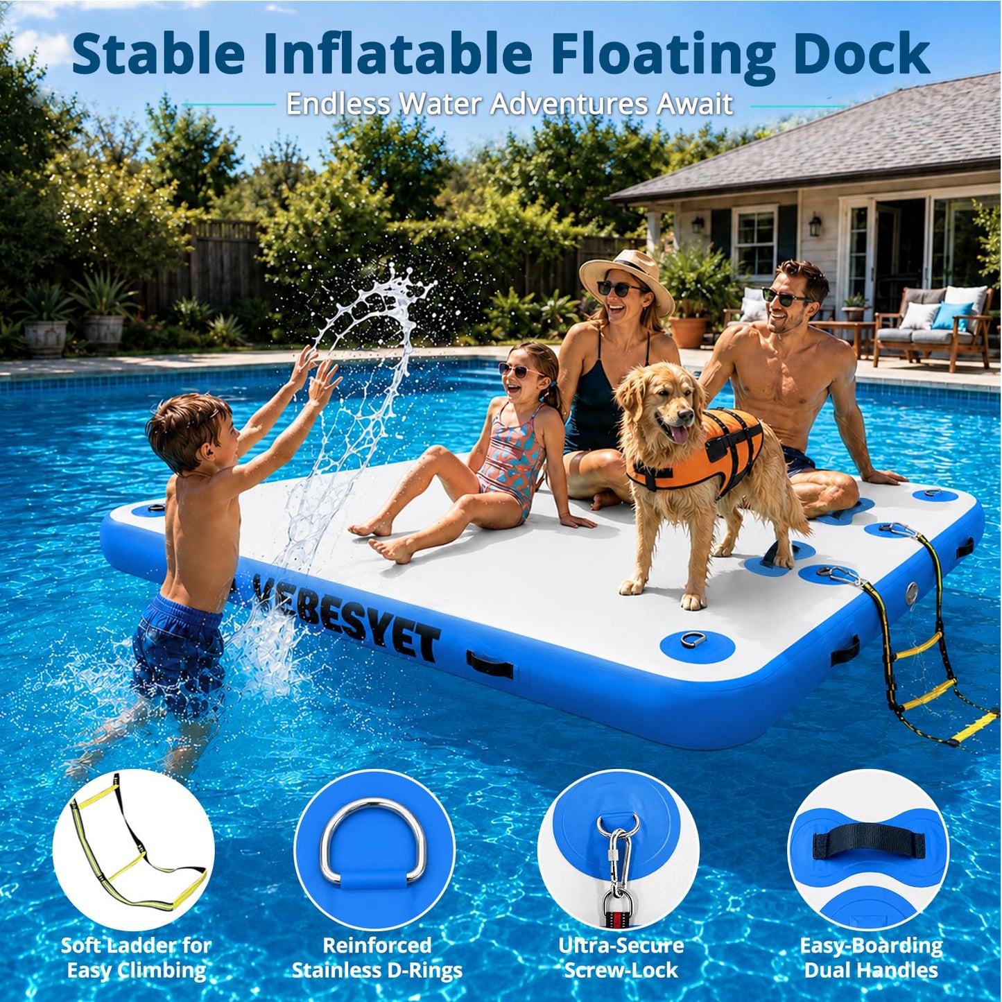 VEBESYET Inflatable Floating Dock with Soft Ladder, 6 inch Thick Non-Slip Inflatable Dock Floating Platform, Durable Drop-Stitch Inflatable Dock for Lake, Ocean, Swimming & Fishing