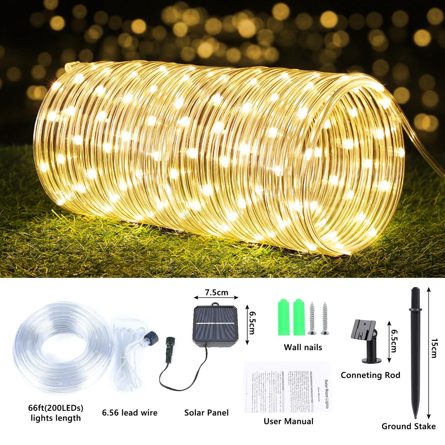 Solar Rope Lights, 66ft 200LED Solar String Lights, 8 Modes Waterproof Solar Powered Outdoor Light, Flexible Clear Tube Light for Garden, Backyard, Patio, Deck, Porch, Pool, Tree Decor - Warm White
