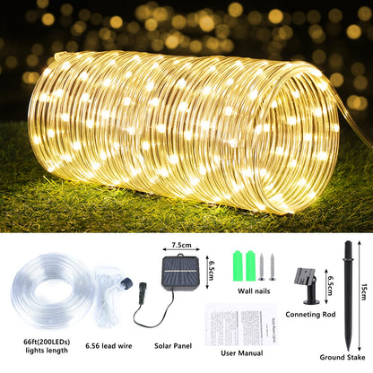 Solar Rope Lights, 66ft 200LED Solar String Lights, 8 Modes Waterproof Solar Powered Outdoor Light, Flexible Clear Tube Light for Garden, Backyard, Patio, Deck, Porch, Pool, Tree Decor - Warm White
