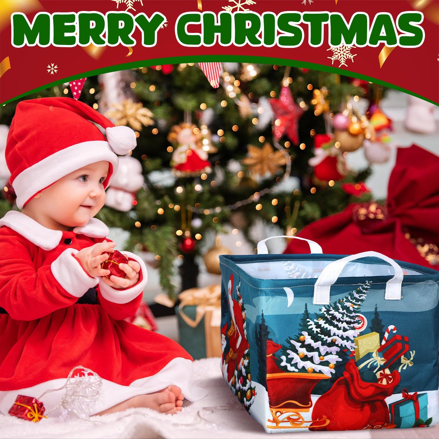 Breling 4 Pcs Christmas Storage Basket Gingerbread Man Santa Claus Snowman Basket with Handles Large Collapsible Storage Bins Boxes for Xmas Gift Laundry Shelves Home Office, 15 x 10 x 8 Inch