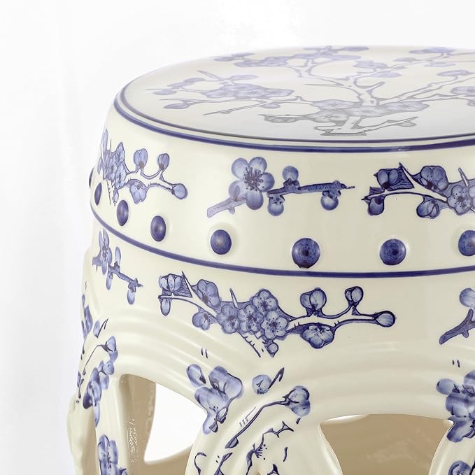 JONATHAN Y TBL1027A Lucky Coins 16" Chinese Ceramic Drum Indoor/Outdoor Garden Stool Bohemian, Coastal, Classic, Cottage, French Country, Patio, Garden Room, Bathroom, Living Room, Blue/White