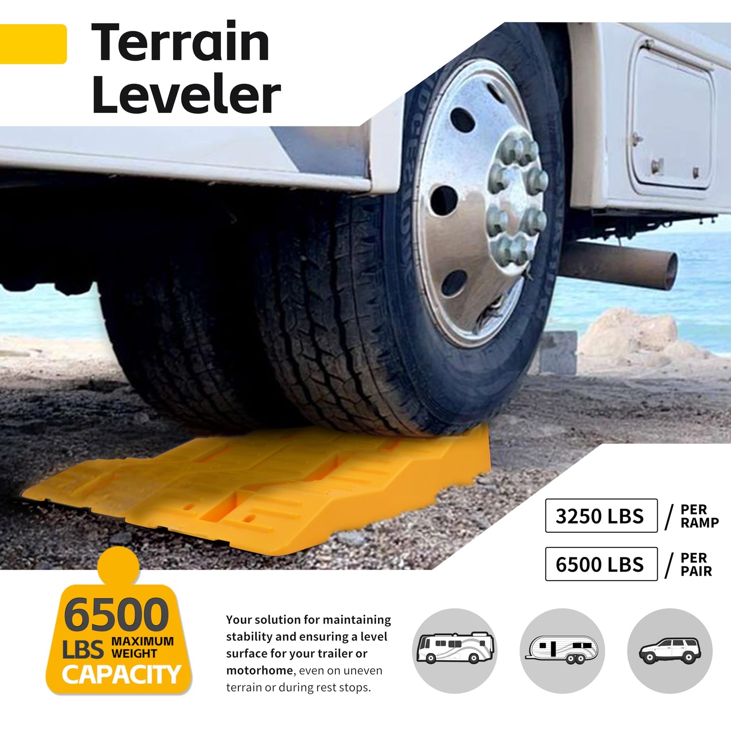MaxxHaul 50939 3-Steps RV Leveling Ramps Yellow Camper & Trailer - Set of 2 Wheel Chocks