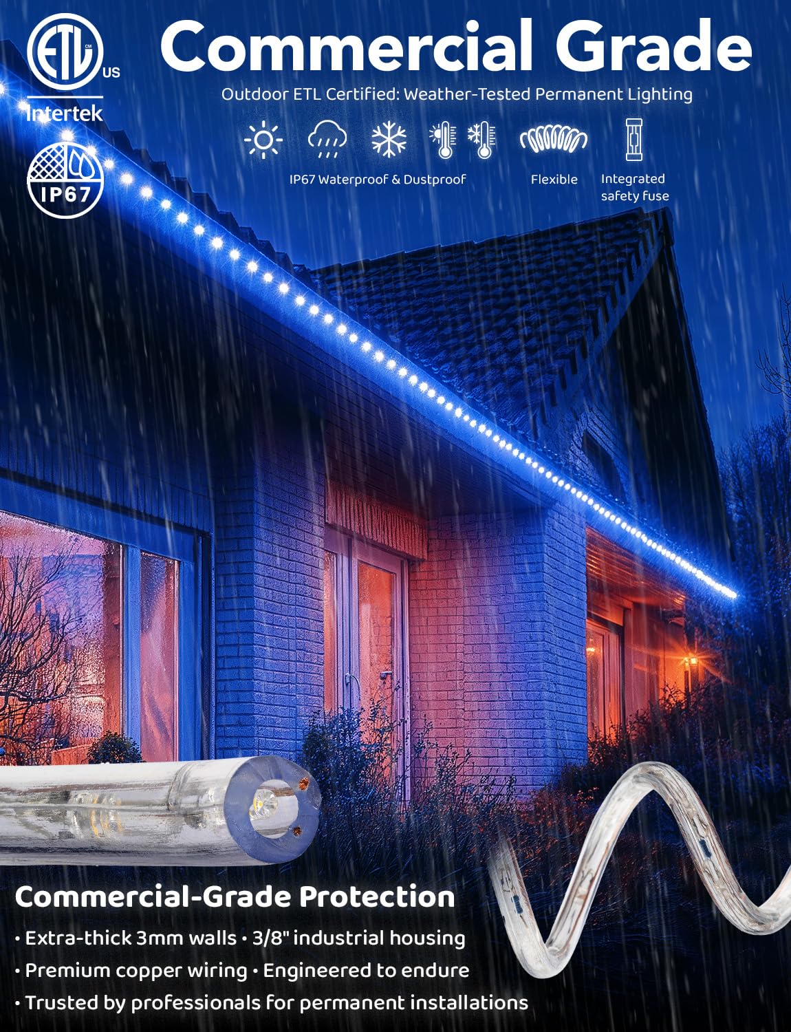 WYZworks 576LEDs, 50ft LED Outside Rope Lights, Waterproof Permanent Outdoor ETL Certified Connectable Clear Tube, Christmas Palm Tree Holiday Decorative Landscape Patio Accent Lighting - Blue