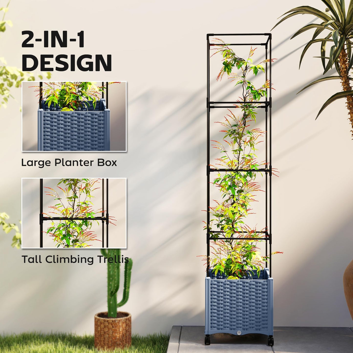 Outsunny Raised Garden Bed with Trellis, 71.7" Tomato Cage with Lockable Wheels, Self Watering Outdoor Planter Box with Drainage Holes and Plugs for Climbing Plants, Vines, Vegetables, Flowers, Gray
