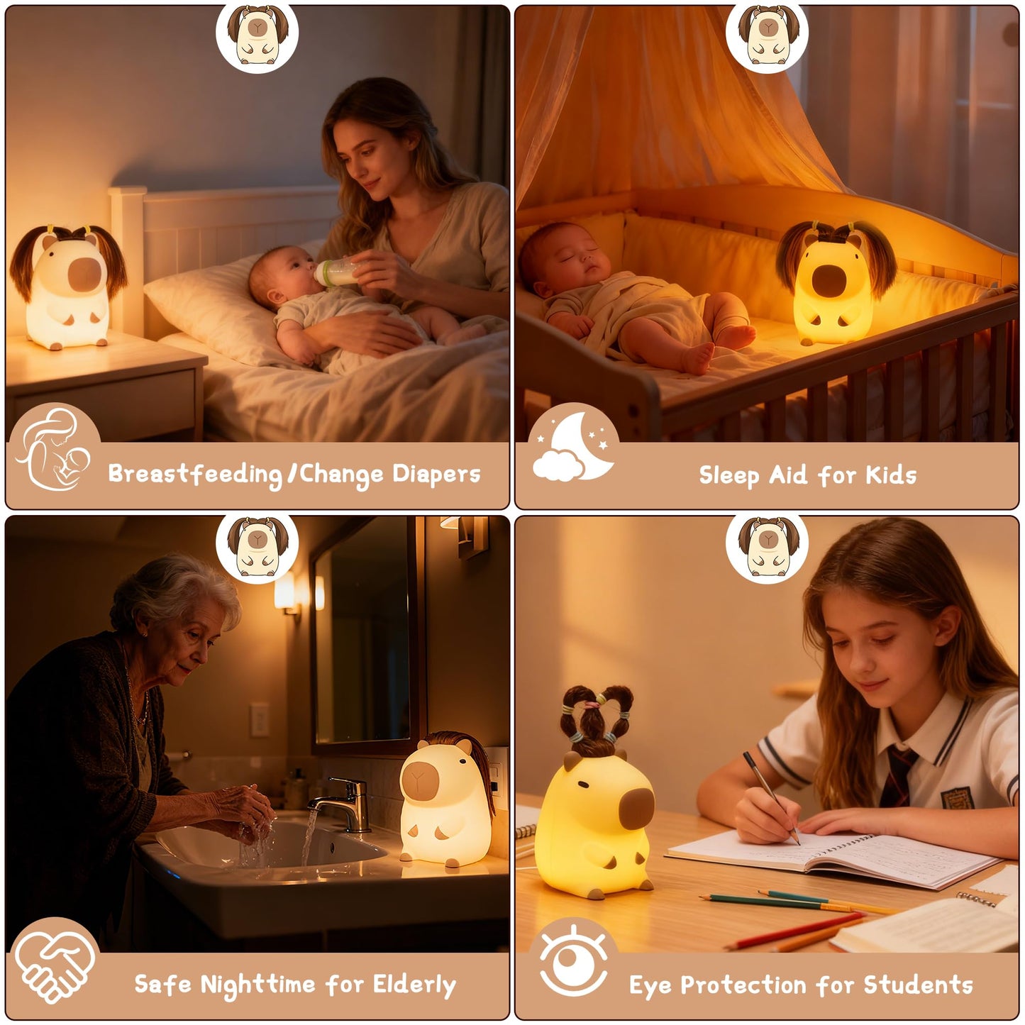 Cute Capybara Night Light with DIY Hairstyle ,Squishy Silicone Lamp, Nursery Nightlight for Kids, Rechargeable Touch Bedside Lamp, Bedroom Decor, Baby Boys Girls,White Elephant Gifts,Funny Xmas Gifts