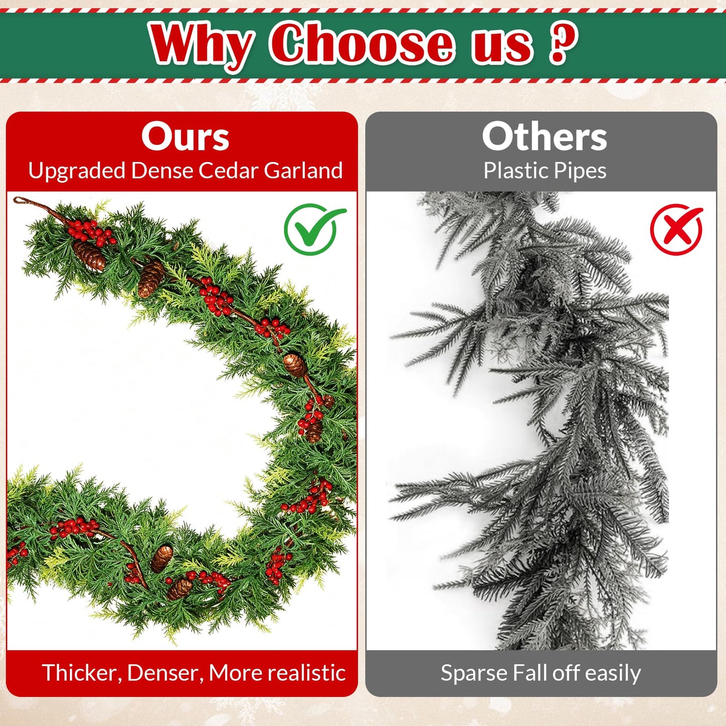 6 FT Christmas Cedar Garland, Real Touch Soft & Thickness Greenery Pine Garland with Lights Battery Operated for Mantle Table Fireplace Outdoor Indoor Christmas Decor