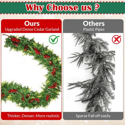 6 FT Christmas Cedar Garland, Real Touch Soft & Thickness Greenery Pine Garland with Lights Battery Operated for Mantle Table Fireplace Outdoor Indoor Christmas Decor
