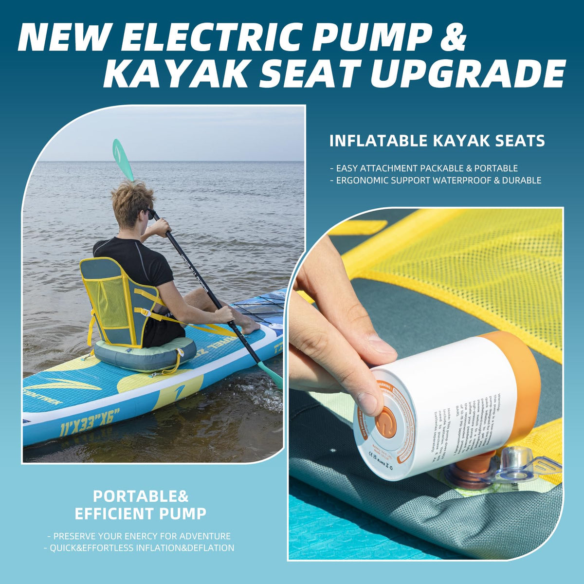 TIDETREK 11'/11'6" x 33"/34" x 6" Inflatable SUP Paddle Board – Extra-Wide, Stable Stand Up Paddle Board with Premium Full Accessory Set for Adults & Youth (Blue Turtle/Kayak Seat, 11'x33 x6)