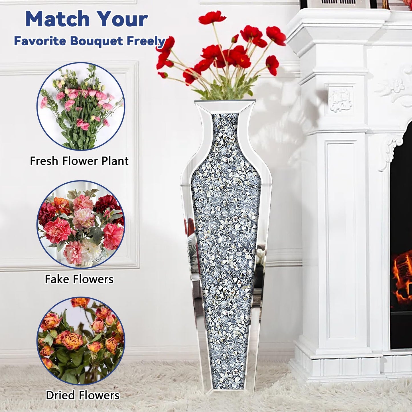 GA Home 27" Tall Crushed Diamond Floor Vase, Silver Large Vases for Decor Living Room, Crystal Mirrored Home Decor Vases for Dried Flower