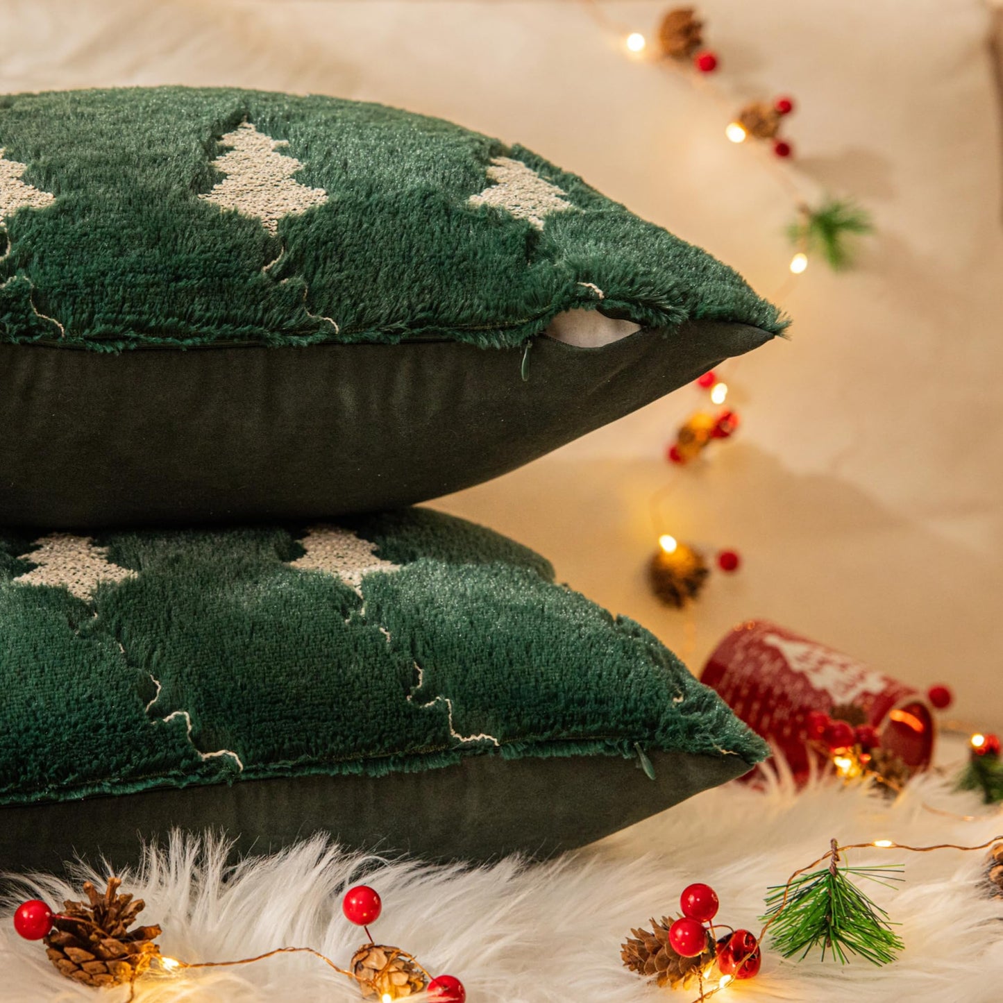 AQOTHES Christmas Tree Embroidered Green Throw Pillows Cover 18x18 Inch, Set of 2 Packs Winter Soft Fluffy Decorative Throw Pillows Covers Decor for Home Sofa Couch Bed Room