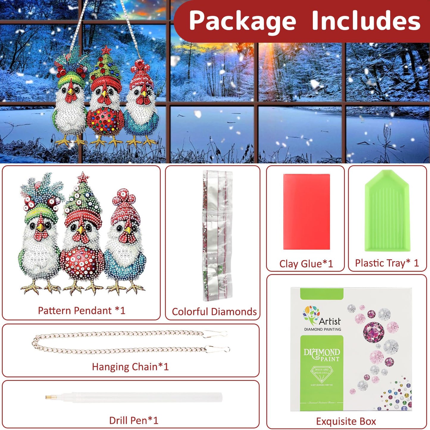 Genius maker Christmas Diamond Art Hanging Kits for Adults, Chicken Diamond Painting Pendant Kits, DIY Acrylic 5D Special Shaped Crystal Diamonds Gem Art Painting Ornament for Home Wall Decor Gift