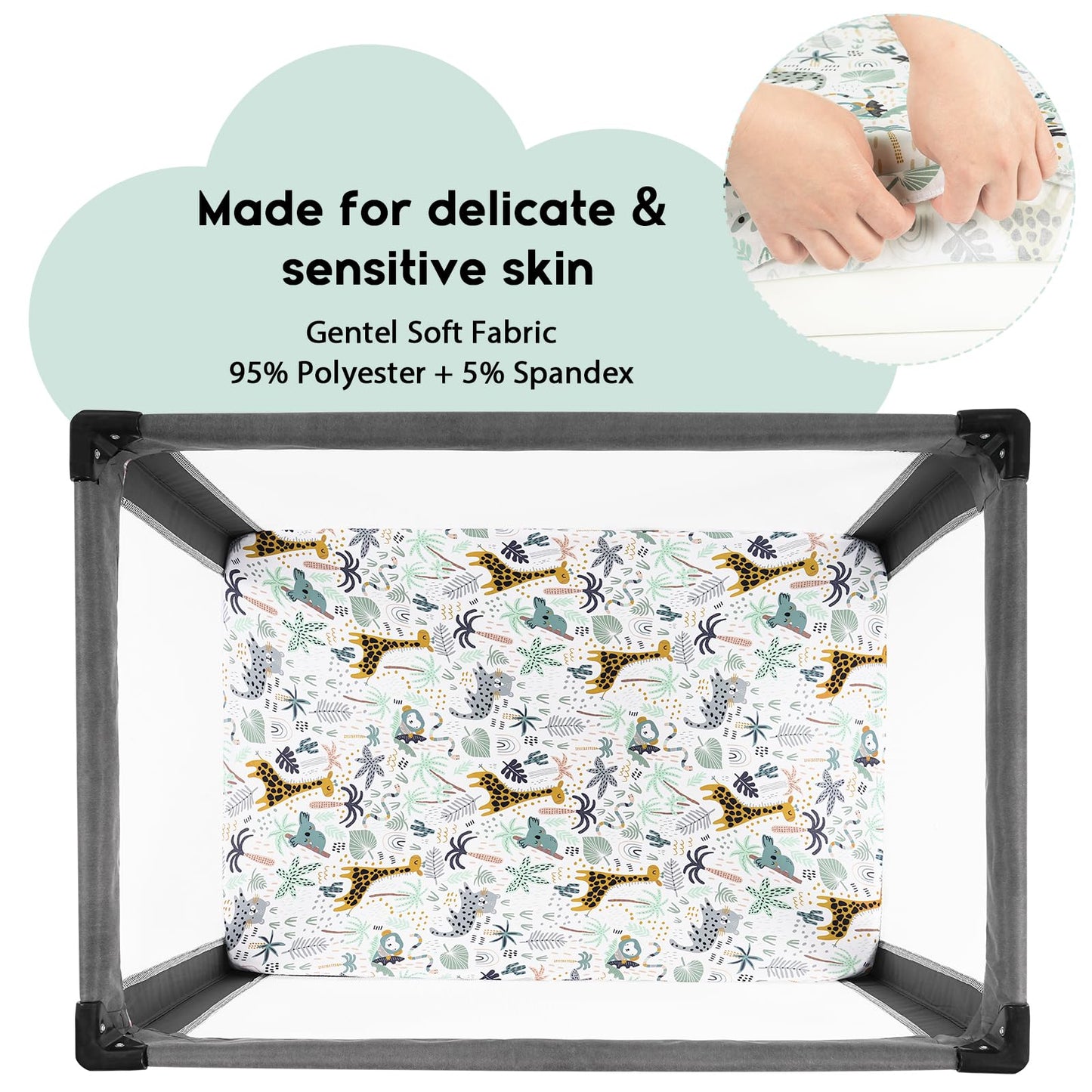 Yoofoss Cozy & Breathable Travel Cot Mattress Sheets - 95 x 65cm Fitted Sheet 2 Pack Green Giraffes