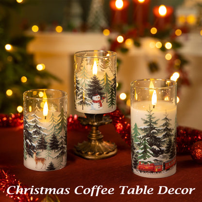 LUSHARBOR LUSHABOR Christmas Flameless Candles, 3 Pack Battery Operated Candles for Christmas Mantel Decor, Glass LED Flickering Candles Home Xmas Party Holiday D3 H4 5" 6", Trees