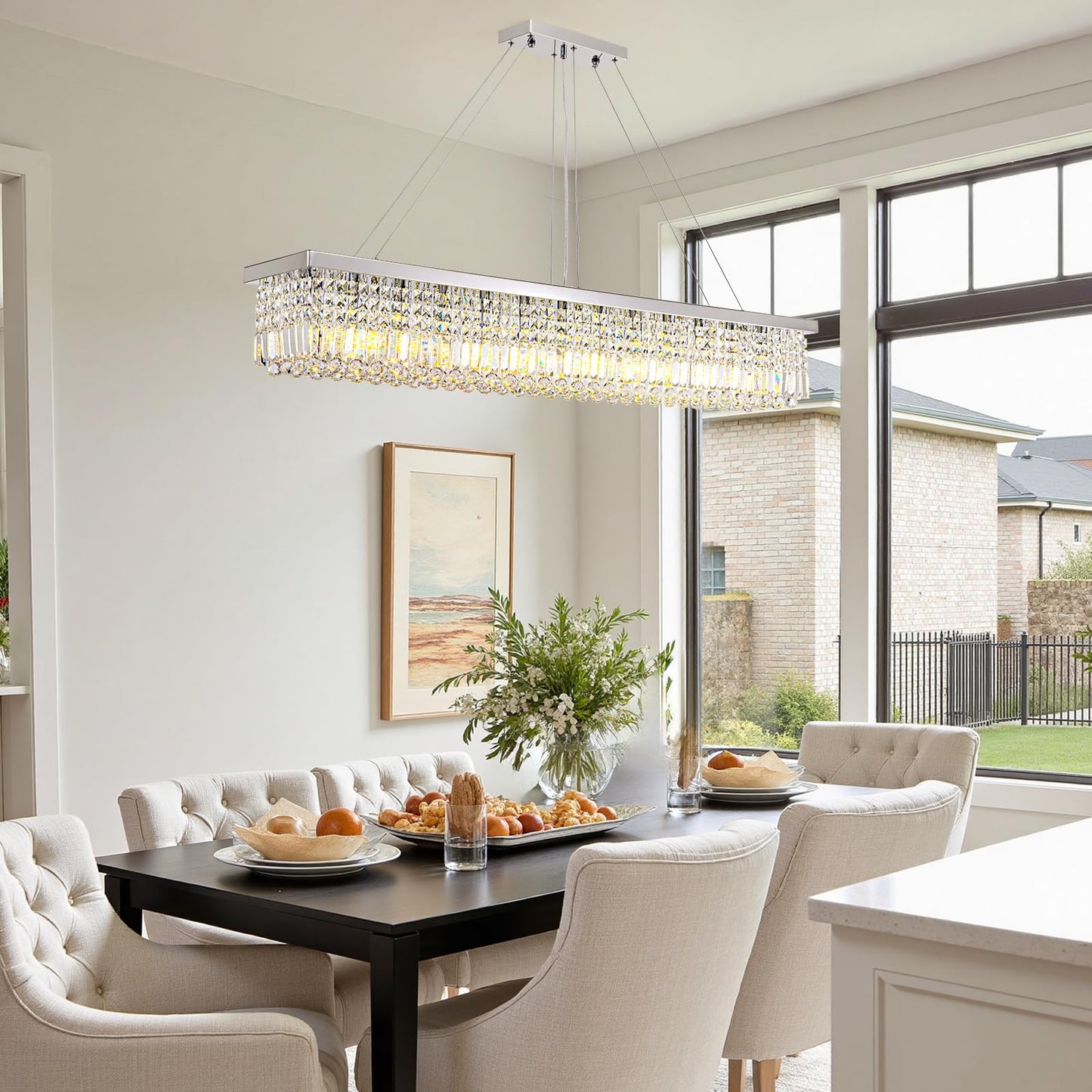 Tinkoso 59-inch Modern Crystal Chandelier,13-Light K9 Crystal Rectangle Chandelier for Dining Room,Kitchen Island Adjustable Hanging Pendant Light Fixture,Chrome Finish