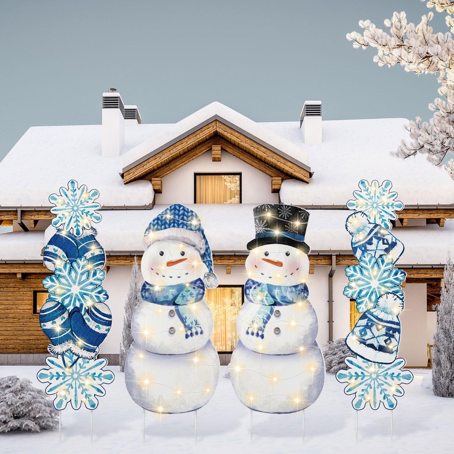 Bencailor 4 Pcs Winter Outdoor Decorations Snowman Snowflake Yard Signs with Stakes Christmas Garden Signs with LED Light Xmas Holiday Large Yard Decor for Home Lawn Party Favor Supplies(Winter Style)